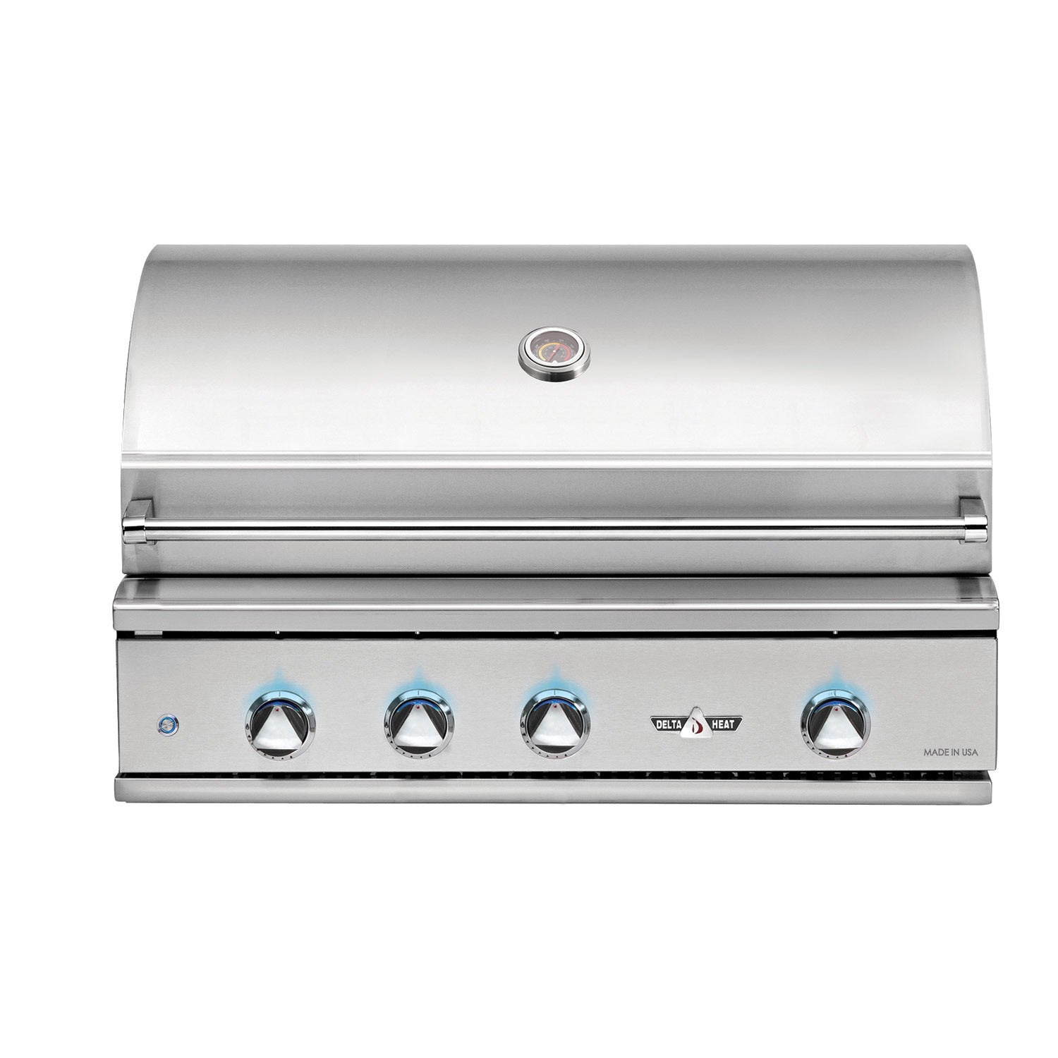 Built-in gas grill with stainless lid, five front control knobs and ignition button.