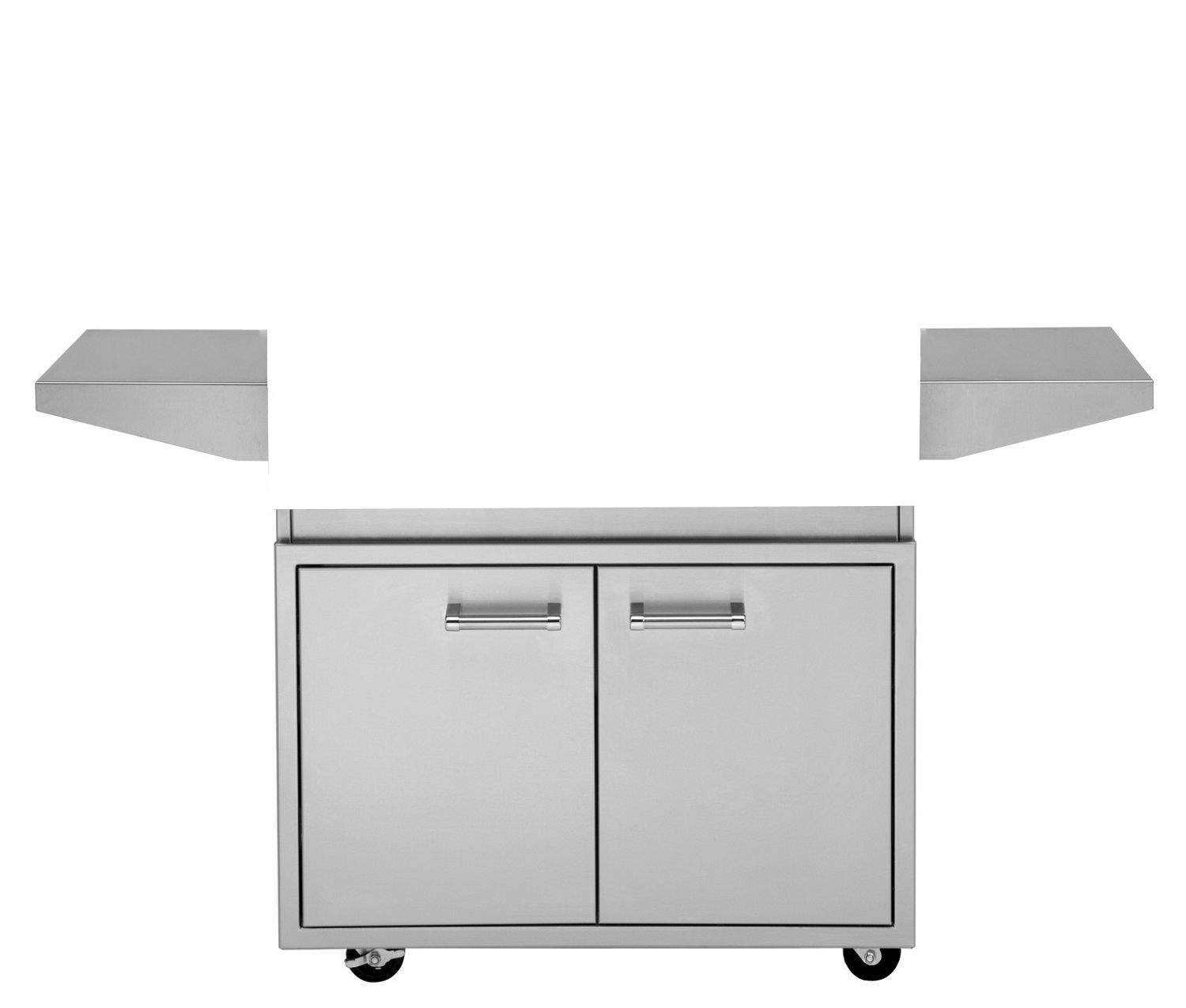 Delta Heat grill base cabinet with two doors, handles, and caster wheels