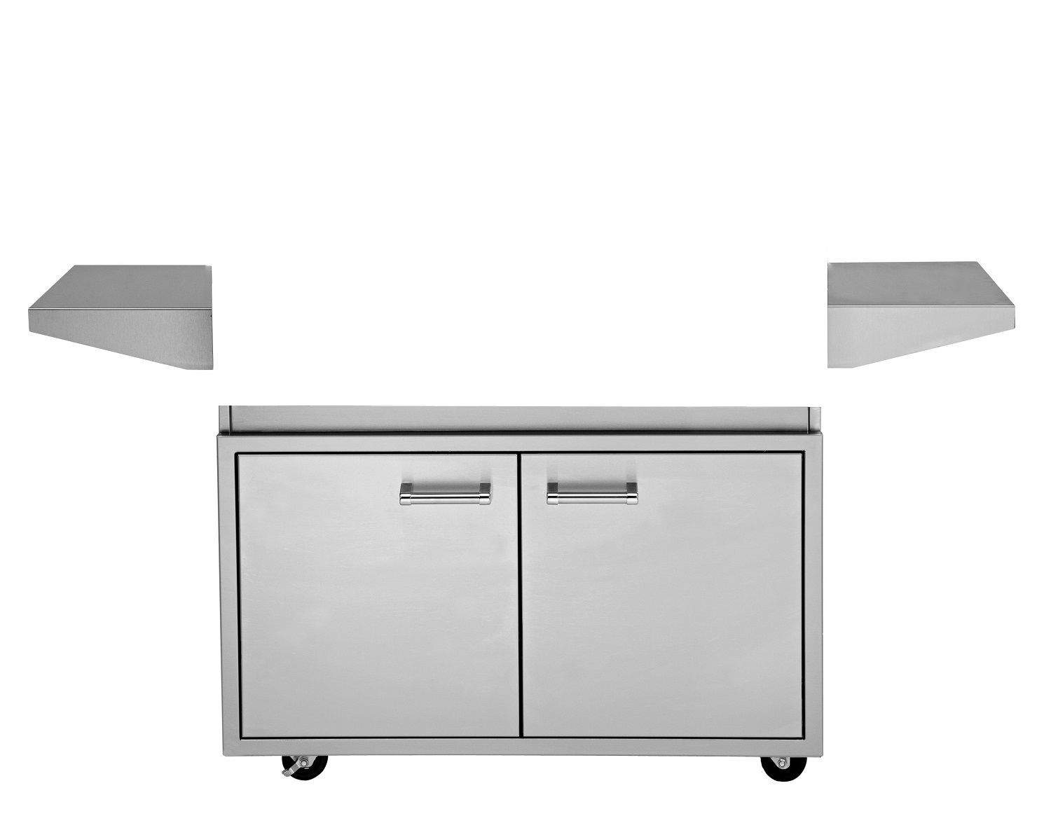 38-inch outdoor grill base cabinet with two doors and side shelves, stainless steel