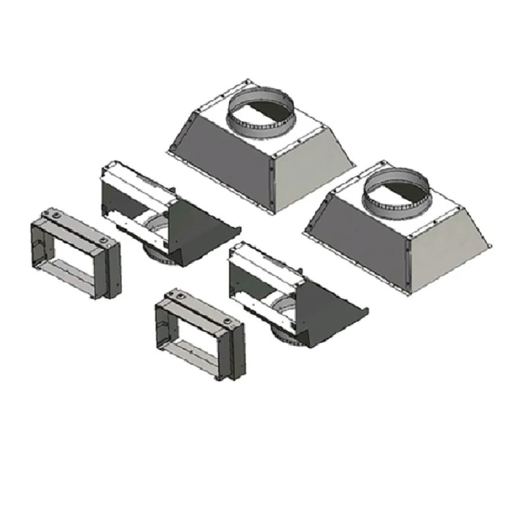 Ducted heat management side discharge kit components with vent pipes and brackets
