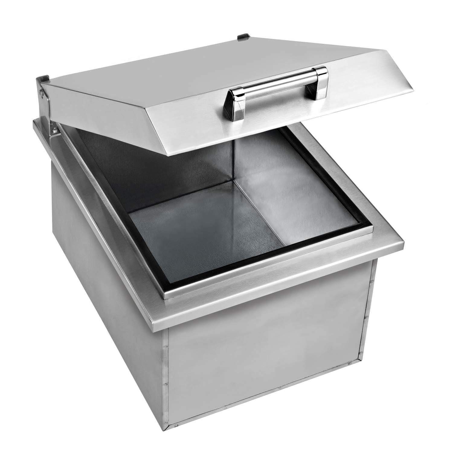Stainless steel drop-in cooler with hinged lid and front open well