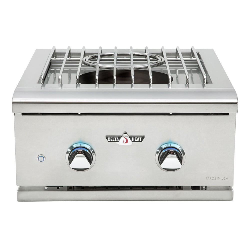 Stainless steel Delta Heat power burner with two control knobs and raised grate cooktop