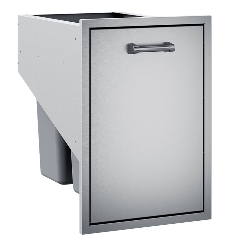 Tall metal trash drawer with rectangular frame and pull handle, light gray finish
