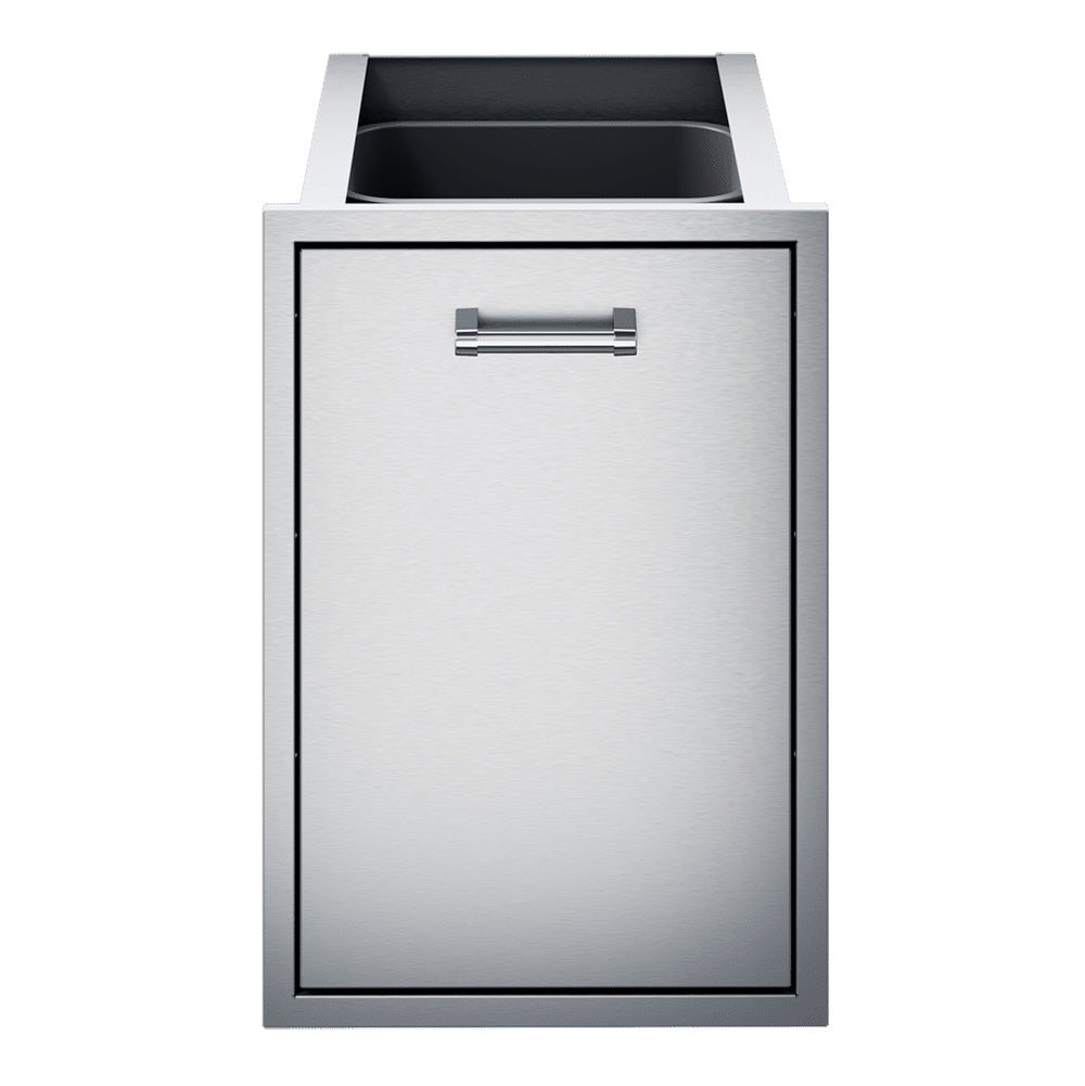 Tall metal trash drawer with open top and pull handle, light gray finish