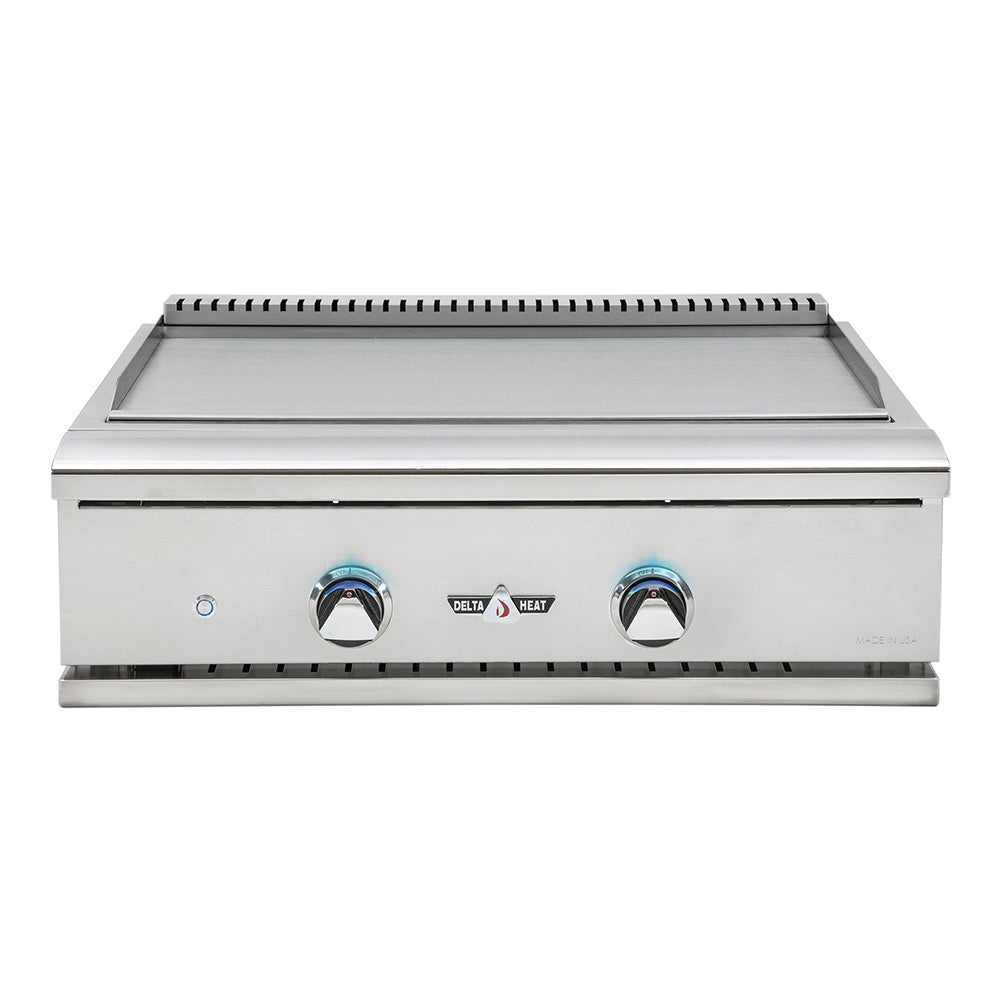 Built-in gas teppanyaki grill with two control knobs and flat griddle surface
