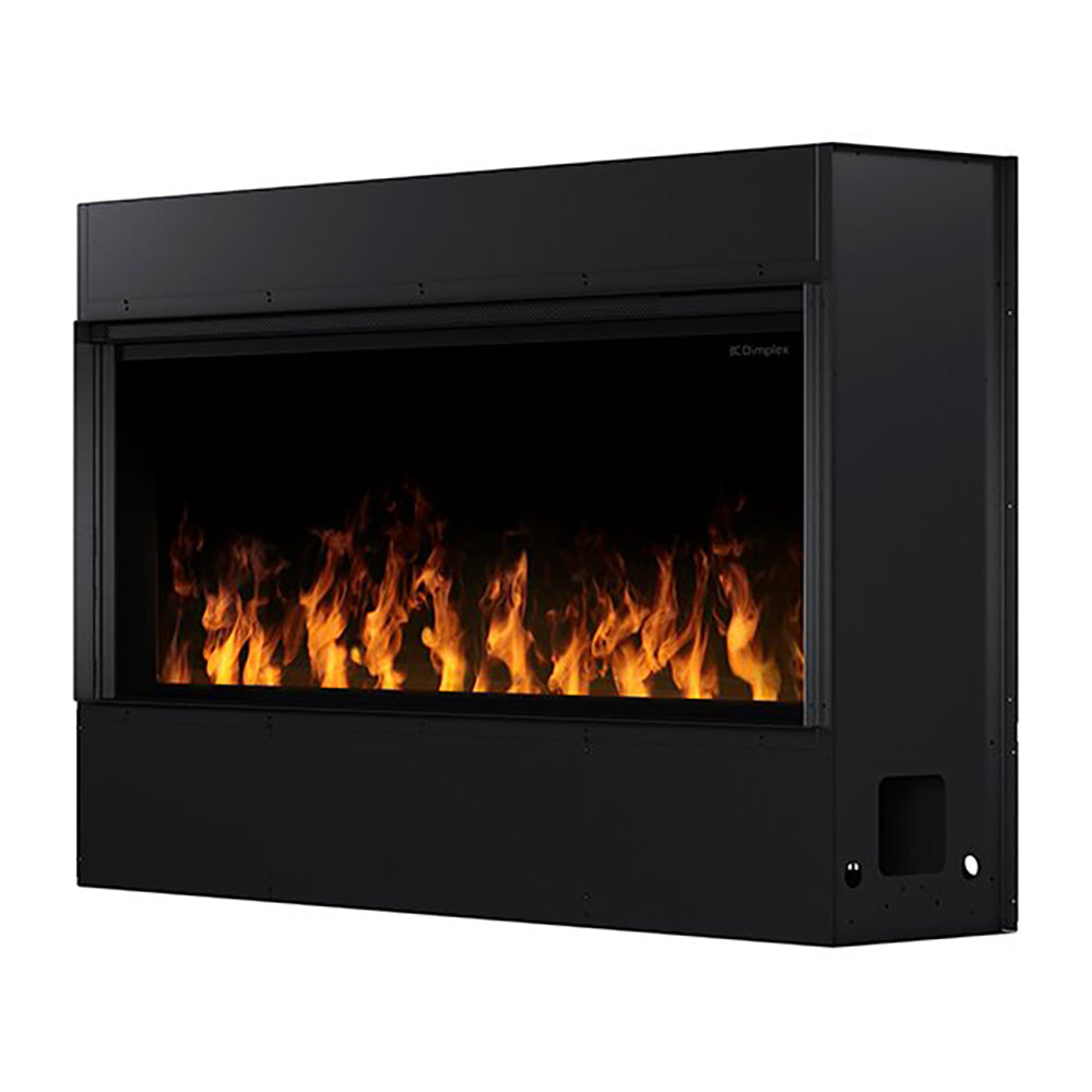 Black linear electric fireplace with orange flame effect visible through the glass