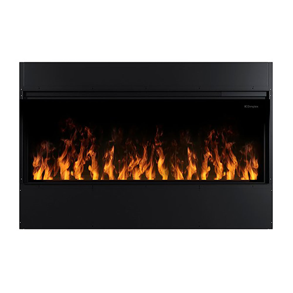 Black linear electric fireplace showing a wide view of orange flame effect