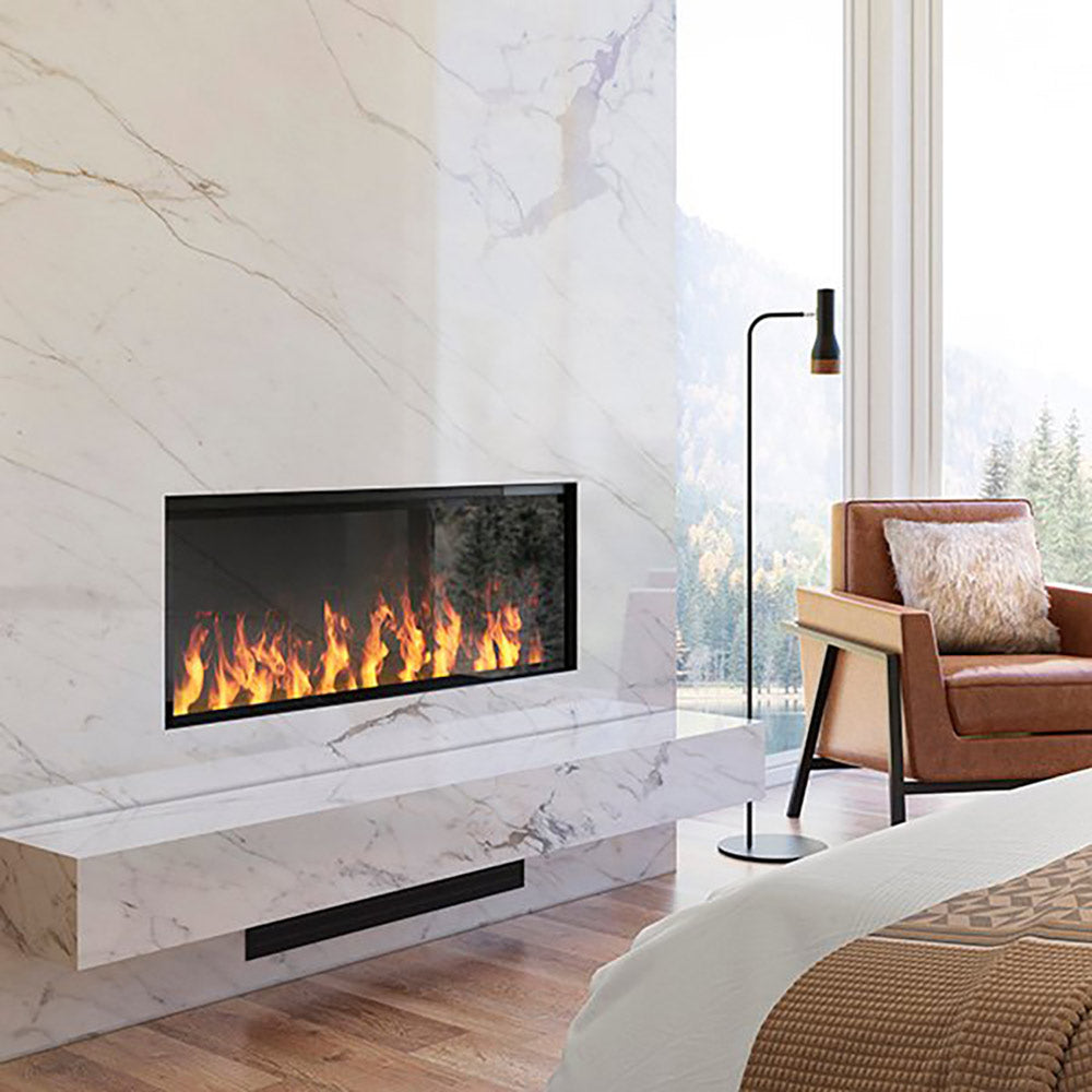 Black wall-mounted linear electric fireplace with orange flame effect in the insert