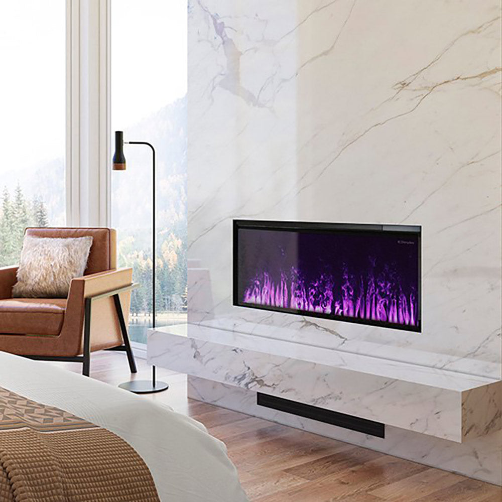 Black wall-mounted linear electric fireplace with purple flame effect in the insert