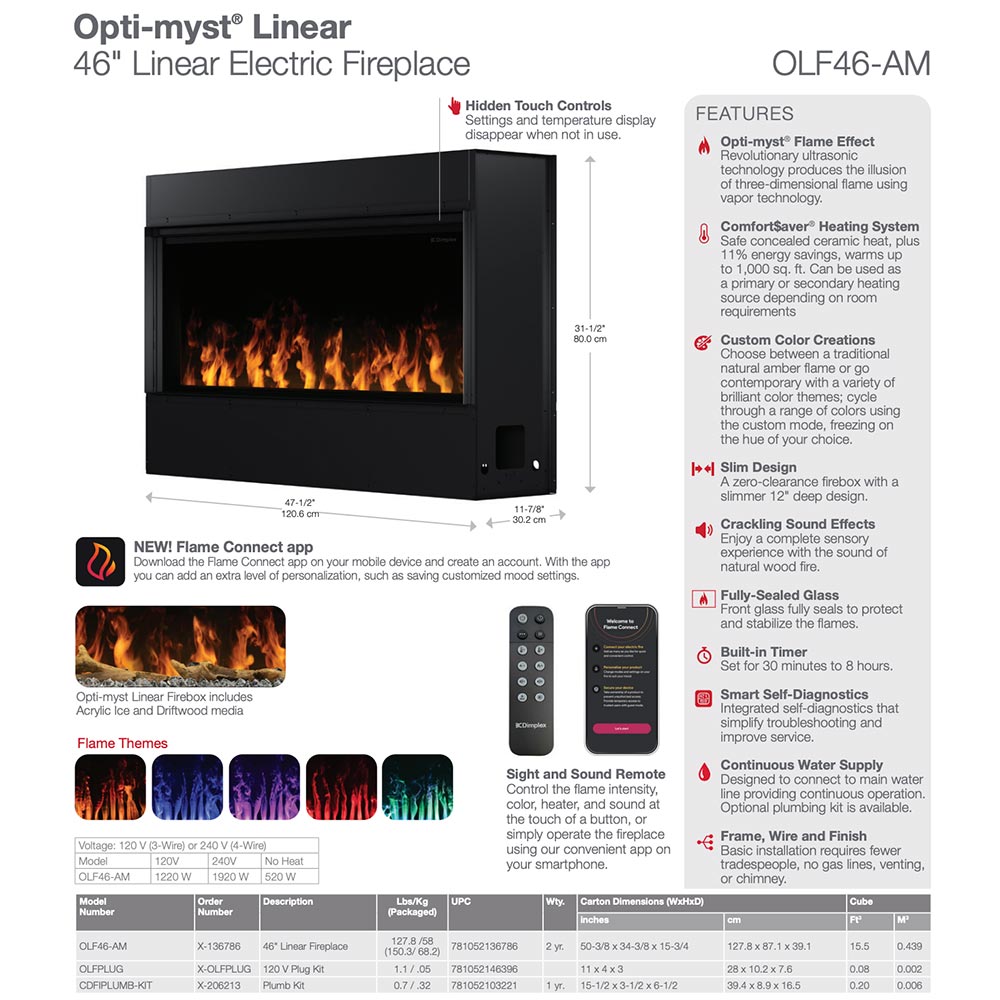 Opti-myst Linear 46-inch electric fireplace product diagram with features and specs