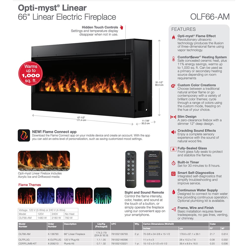 Dimplex Opti-Myst Linear Electric Fireplace, 66-Inch
