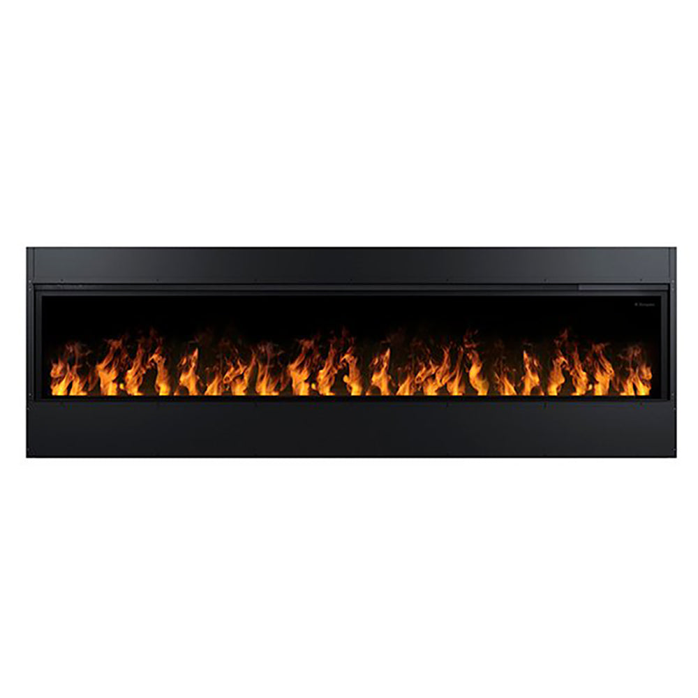 Dimplex Opti-Myst linear electric fireplace front view with black surround and orange flames