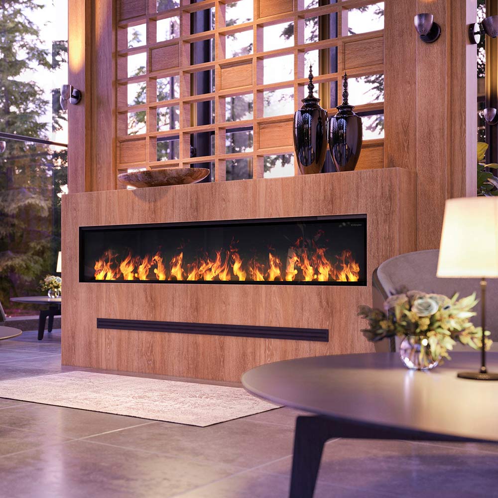 Dimplex Opti-Myst linear electric fireplace insert in wood surround with orange flames