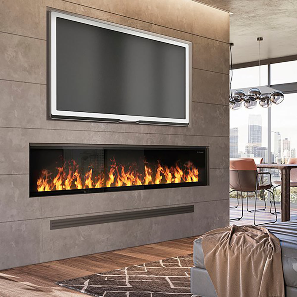 Dimplex Opti-Myst linear electric fireplace built into wall with black opening and orange flames