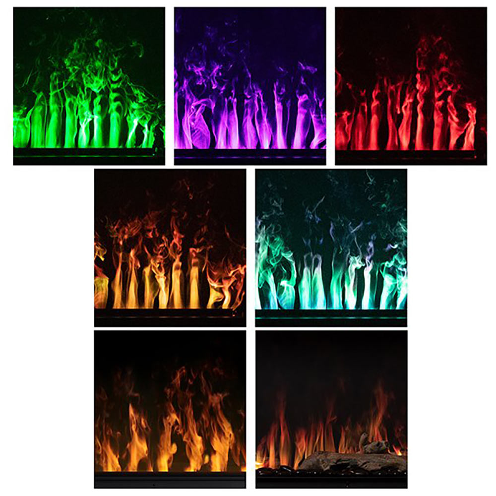 Dimplex Opti-Myst linear electric fireplace flame color options: green, purple, red, and blue