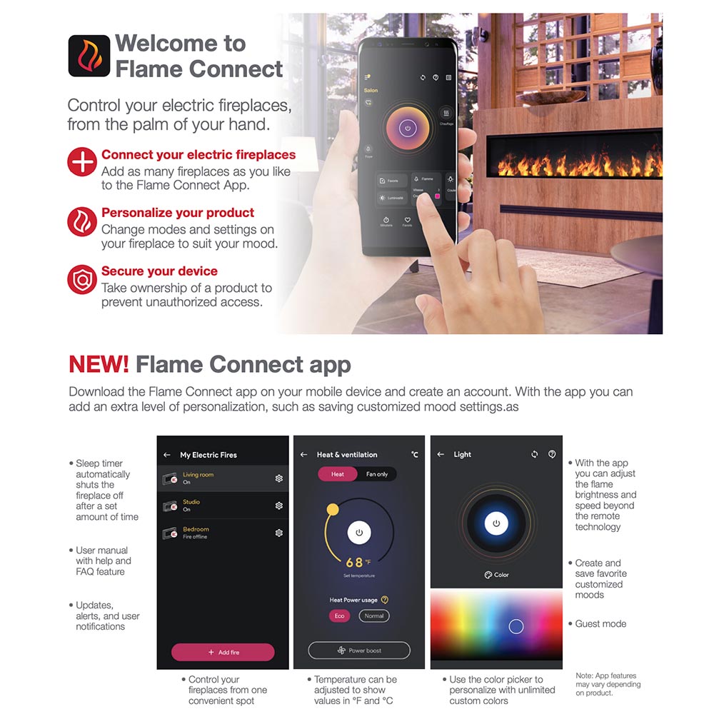 Flame Connect app controlling Dimplex Opti-Myst linear electric fireplace settings and colors