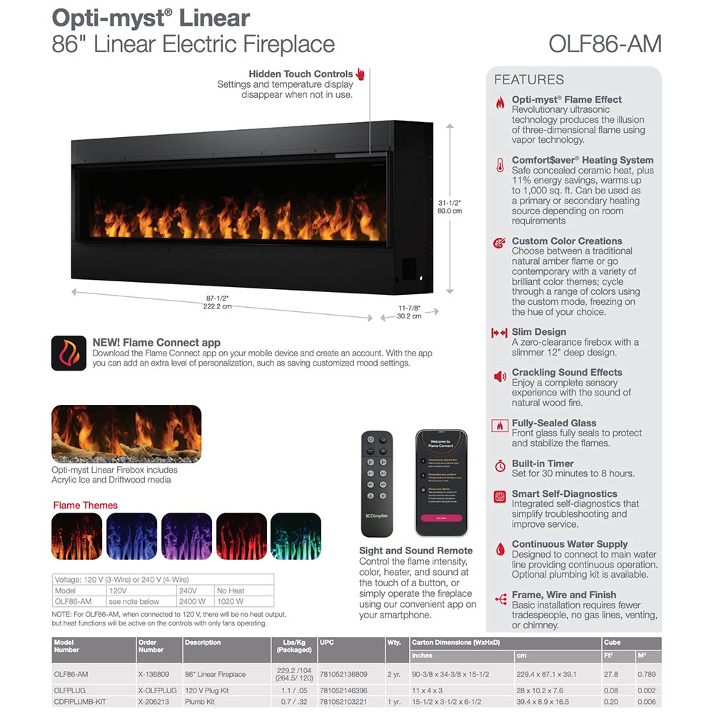 Dimplex Opti-Myst linear 86" electric fireplace feature chart with dimensions and app info