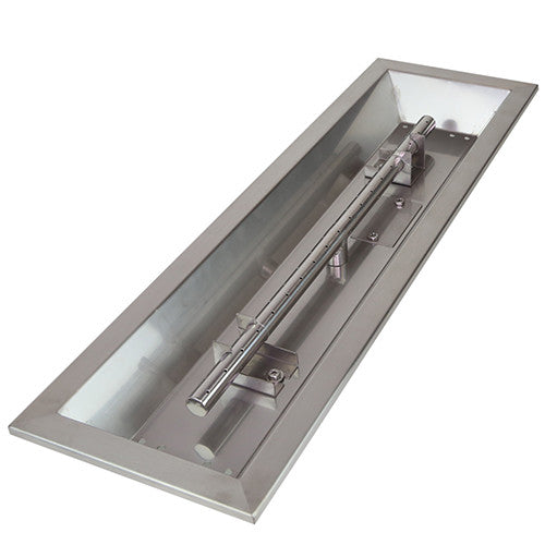 Stainless steel linear fire pit burner kit with long burner tube in metal pan