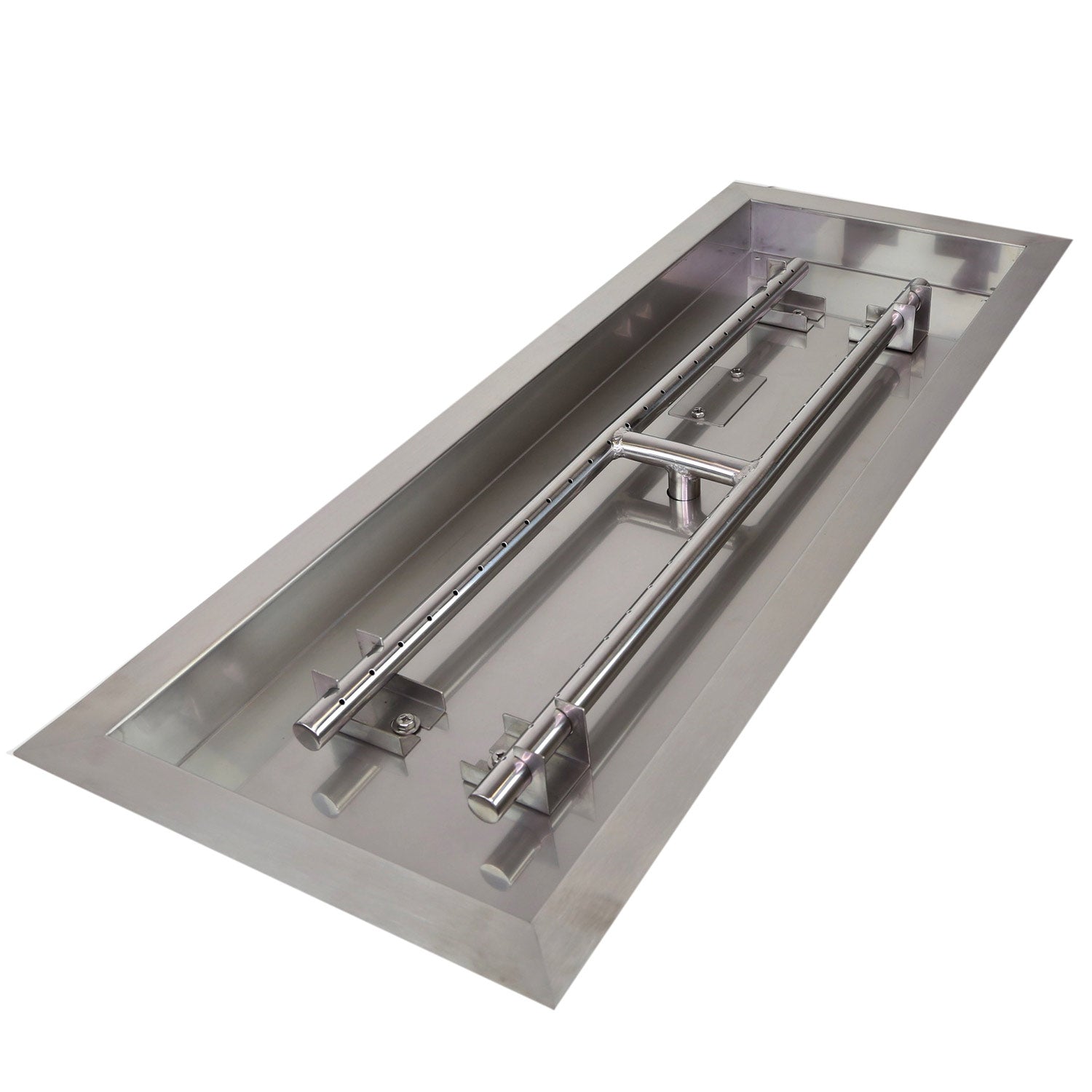 Stainless steel rectangle fire pit burner kit with drop-in pan and control bar assembly