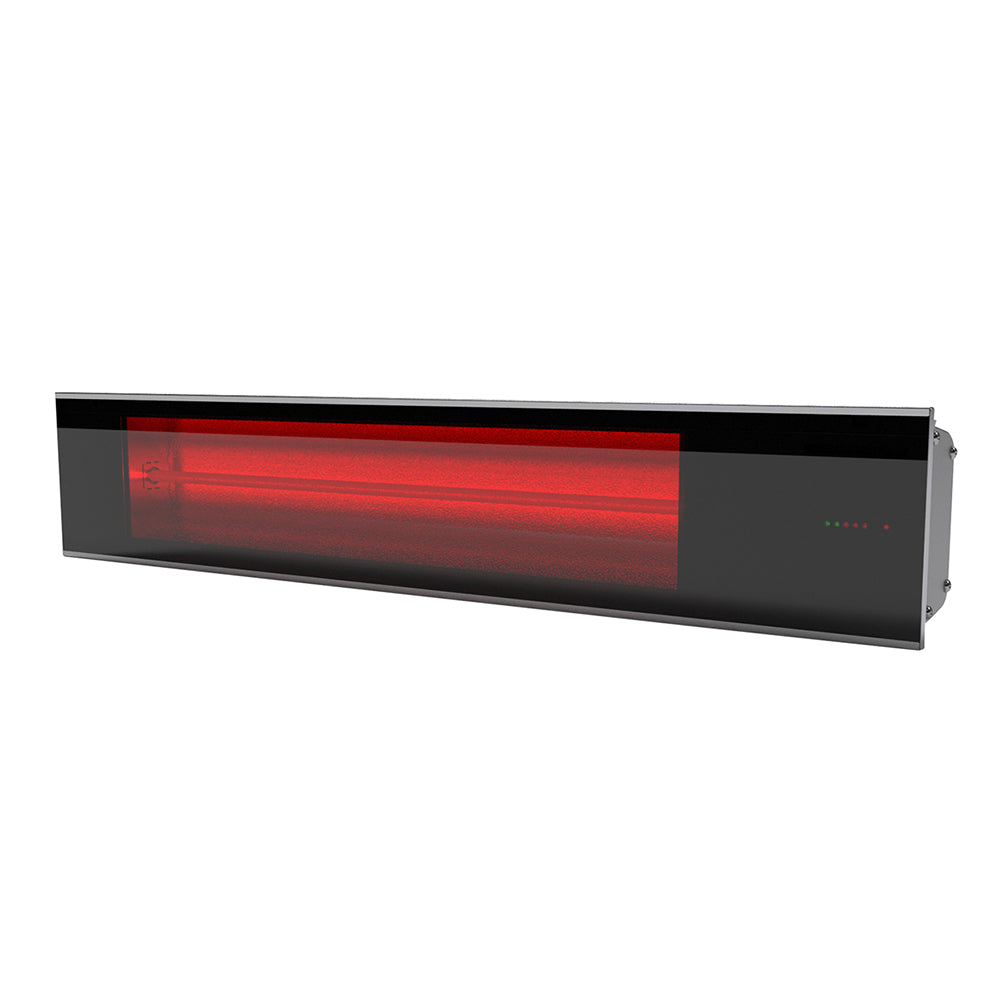 Wall-mounted infrared electric heater with glowing red heating element strip