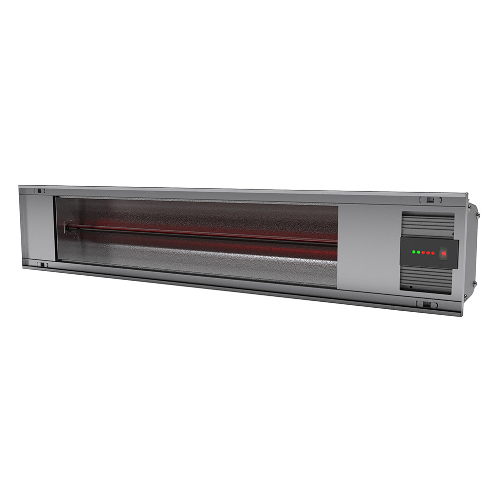 Infrared electric heater body with control panel and glowing red heating element