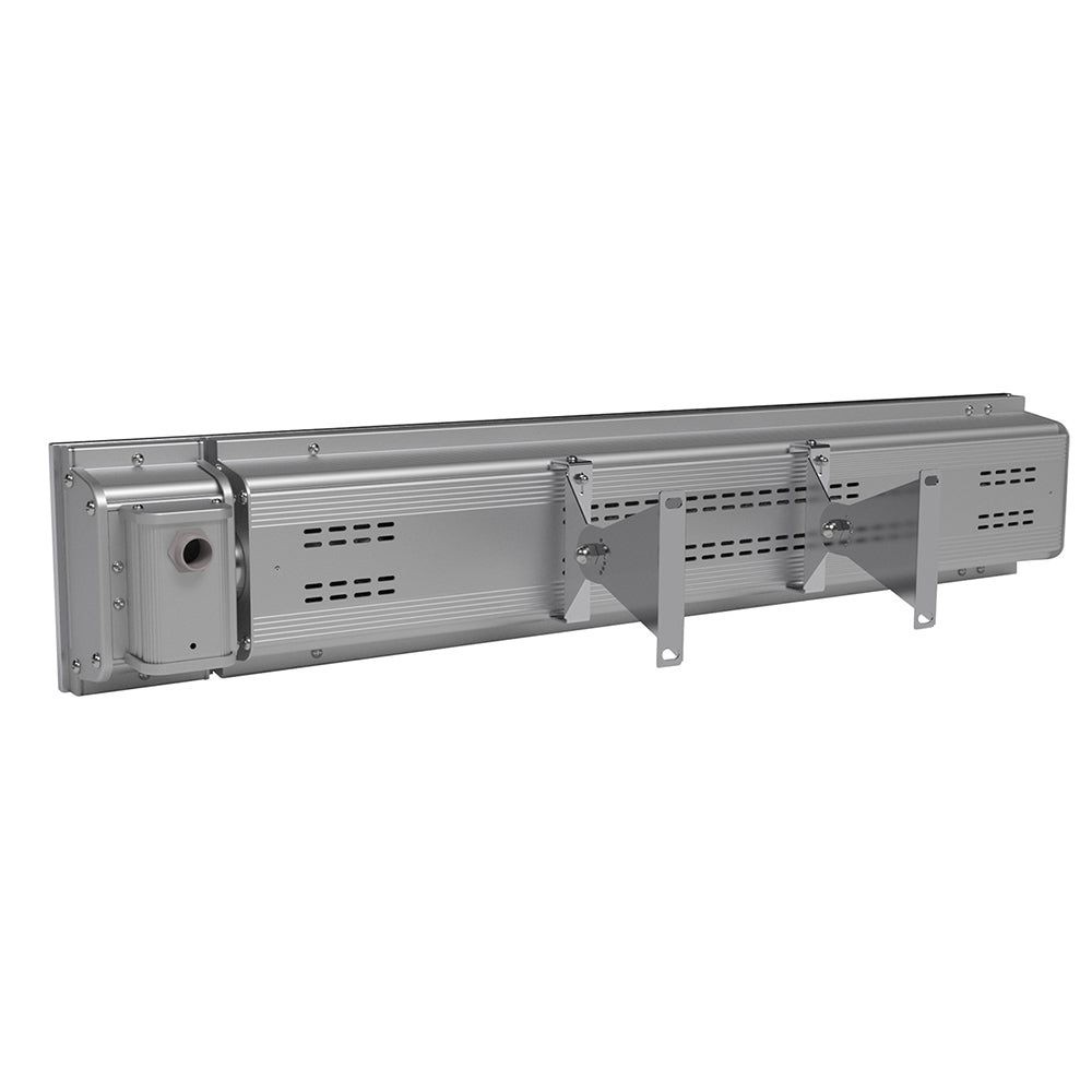 Infrared electric heater with exposed mounting bracket and vented back panel
