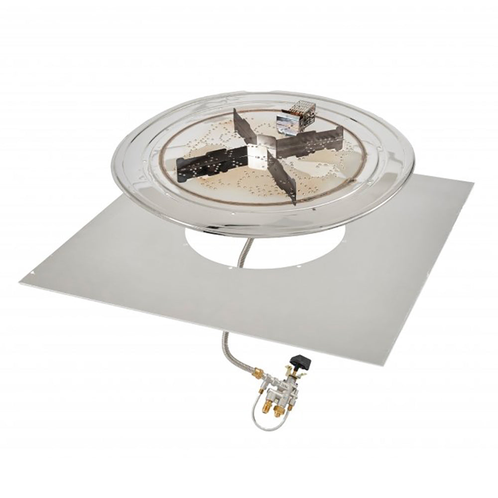 Square gas fire pit burner assembly with circular insert and gas valve hose
