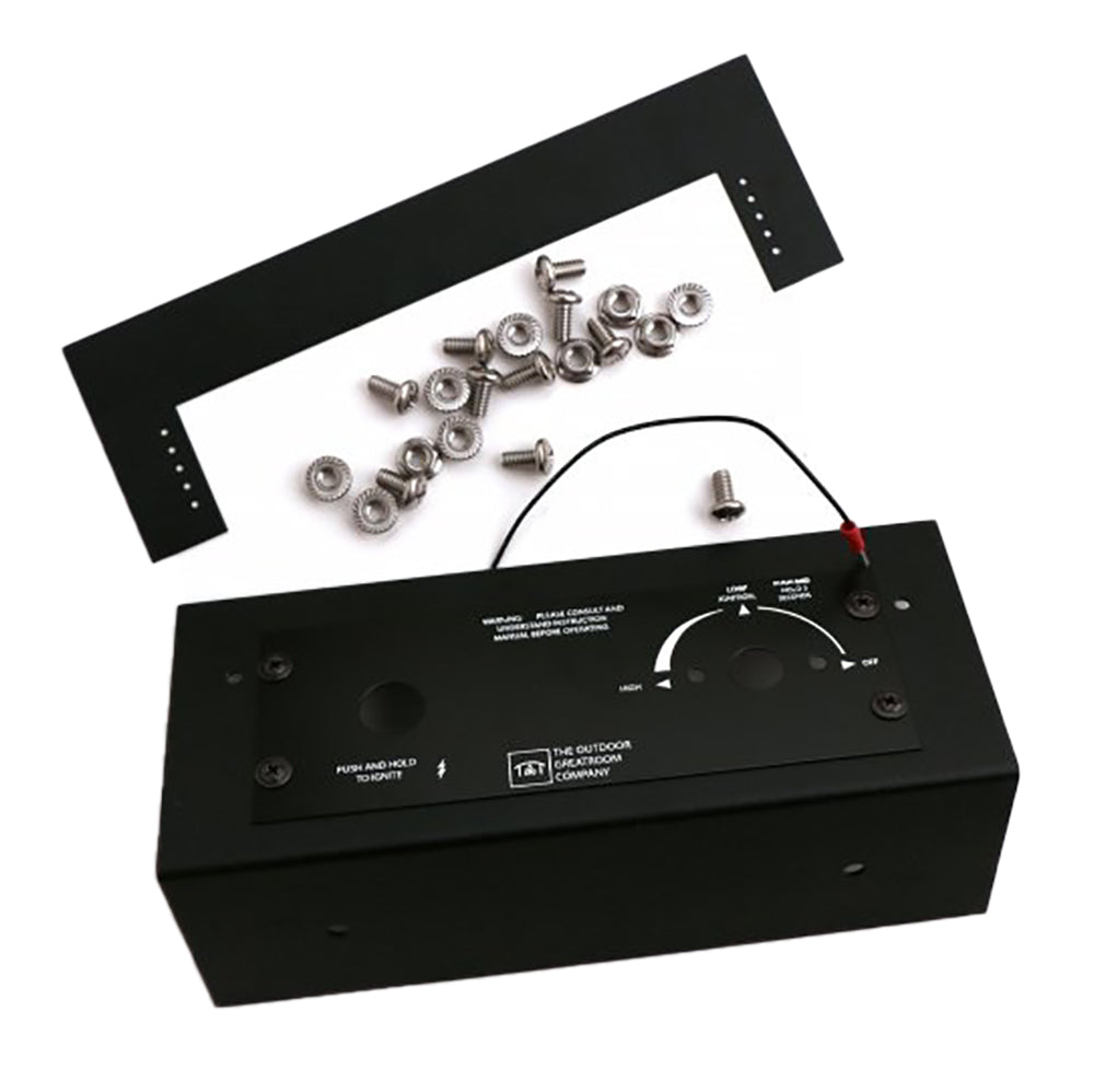 Gas fire pit control box with mounting screws and hardware kit components