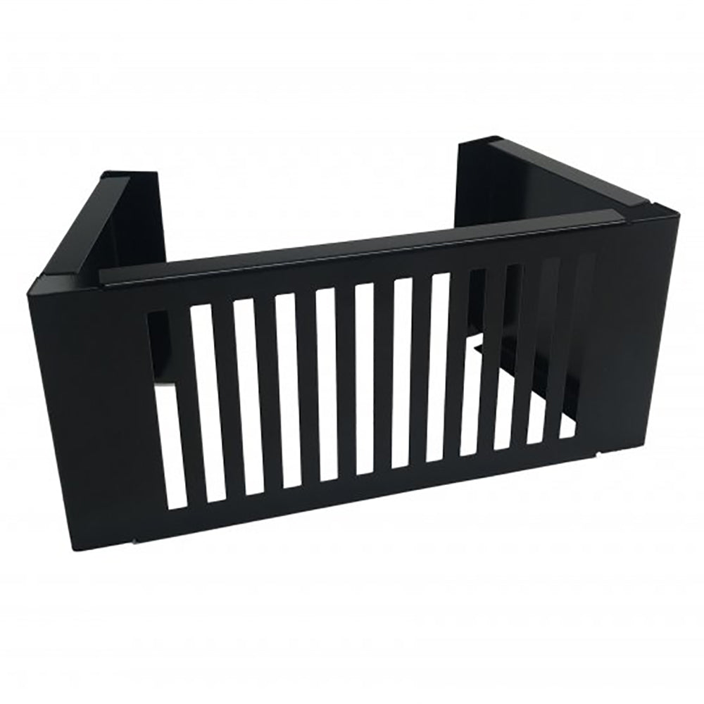 Black metal fire pit burner cover with vertical slat openings