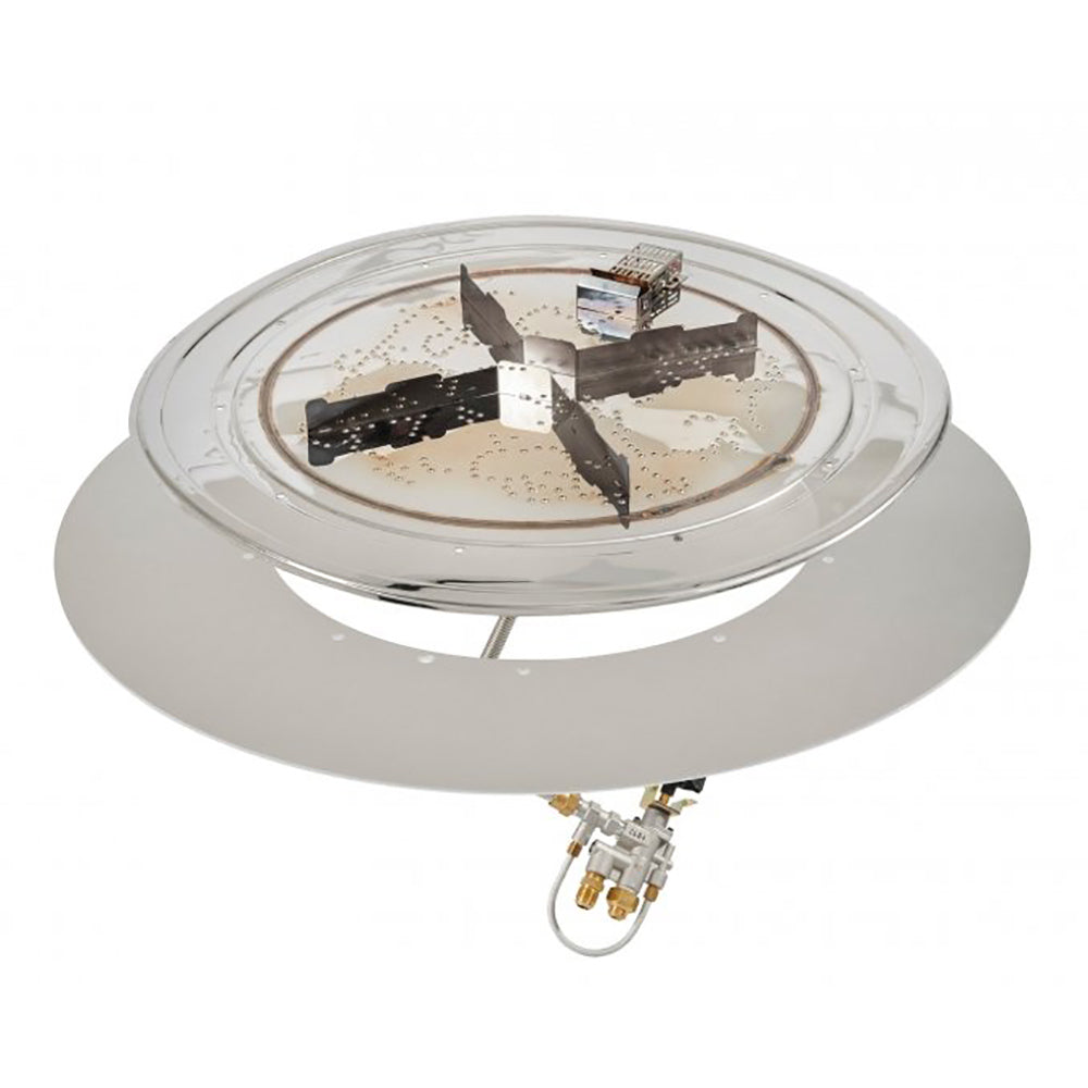 Round gas fire pit burner insert with clear glass gem reservoir top view