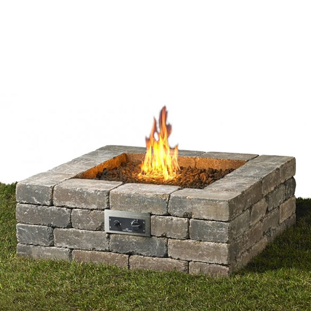 Square stone fire pit with built-in gas burner and open flame
