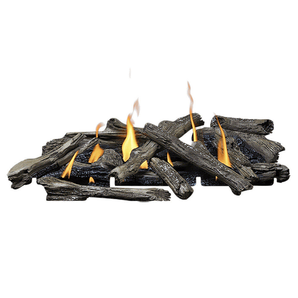 Driftwood-style gas log set with several dark logs and small orange flames