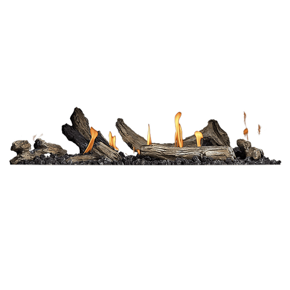 Driftwood gas fireplace log set with burning flames and ember bed