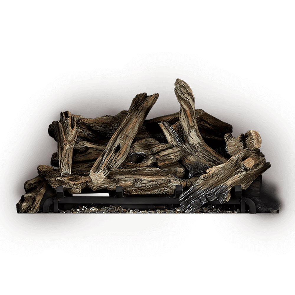 Driftwood log set for gas fireplace, dark brown charred-style logs
