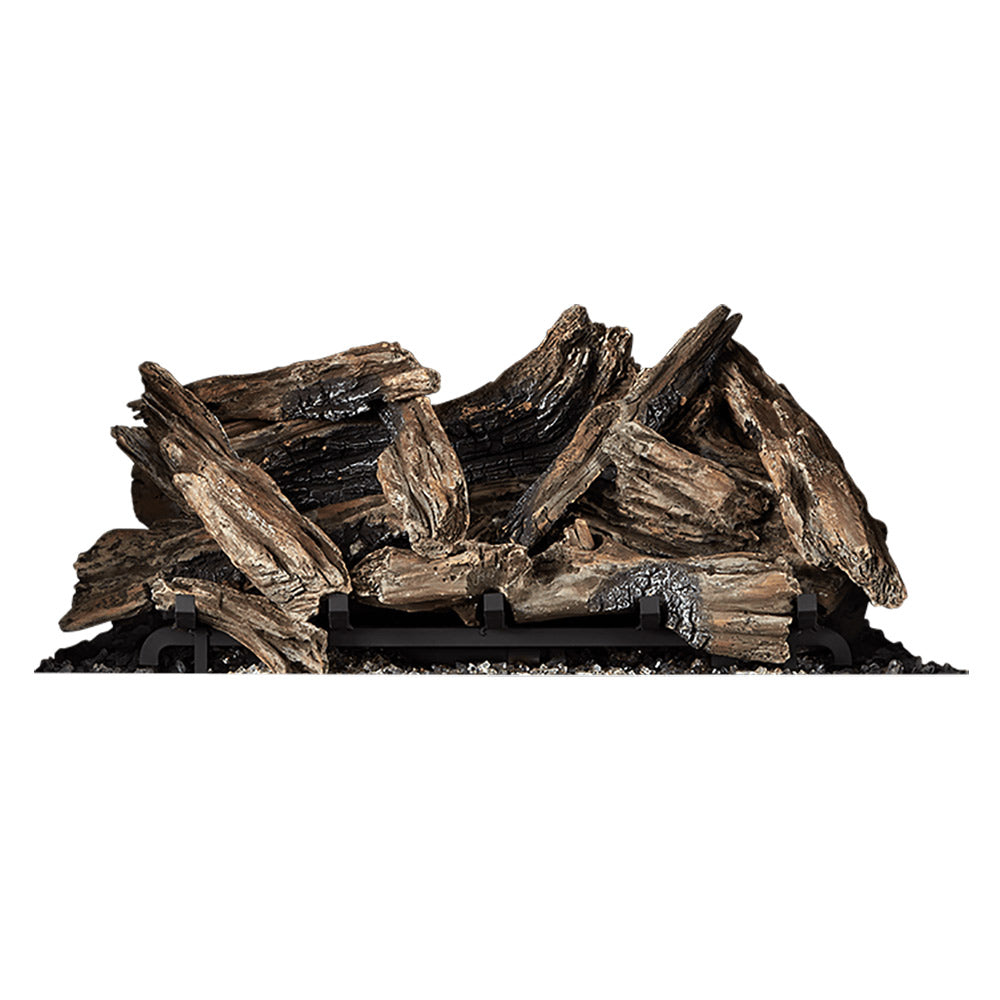 Driftwood gas fireplace log set with assorted dark brown logs and base grate