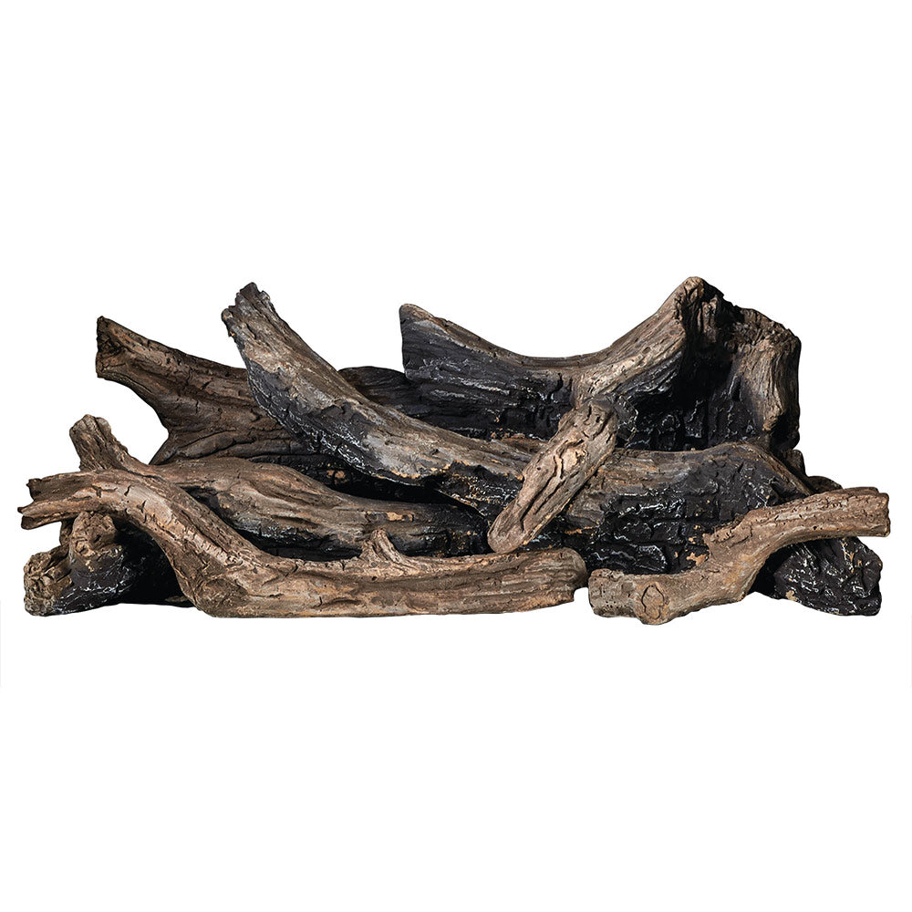 Gas fireplace log set with dark, charred-looking wood logs and curved pieces