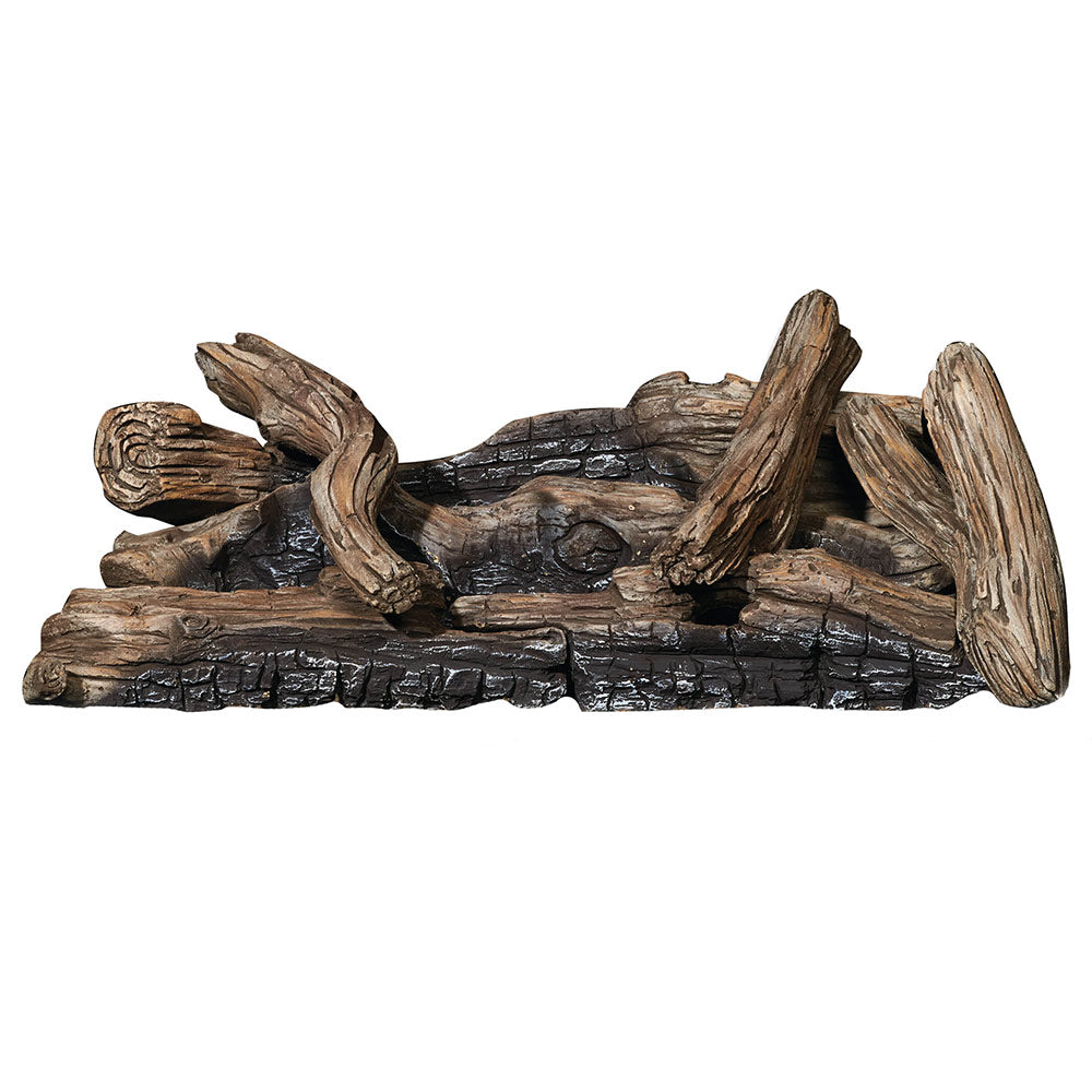 Driftwood gas fireplace log set with dark brown and gray split logs