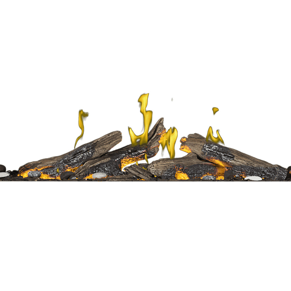 Luminous log burner kit showing dark logs with small bright flame tips