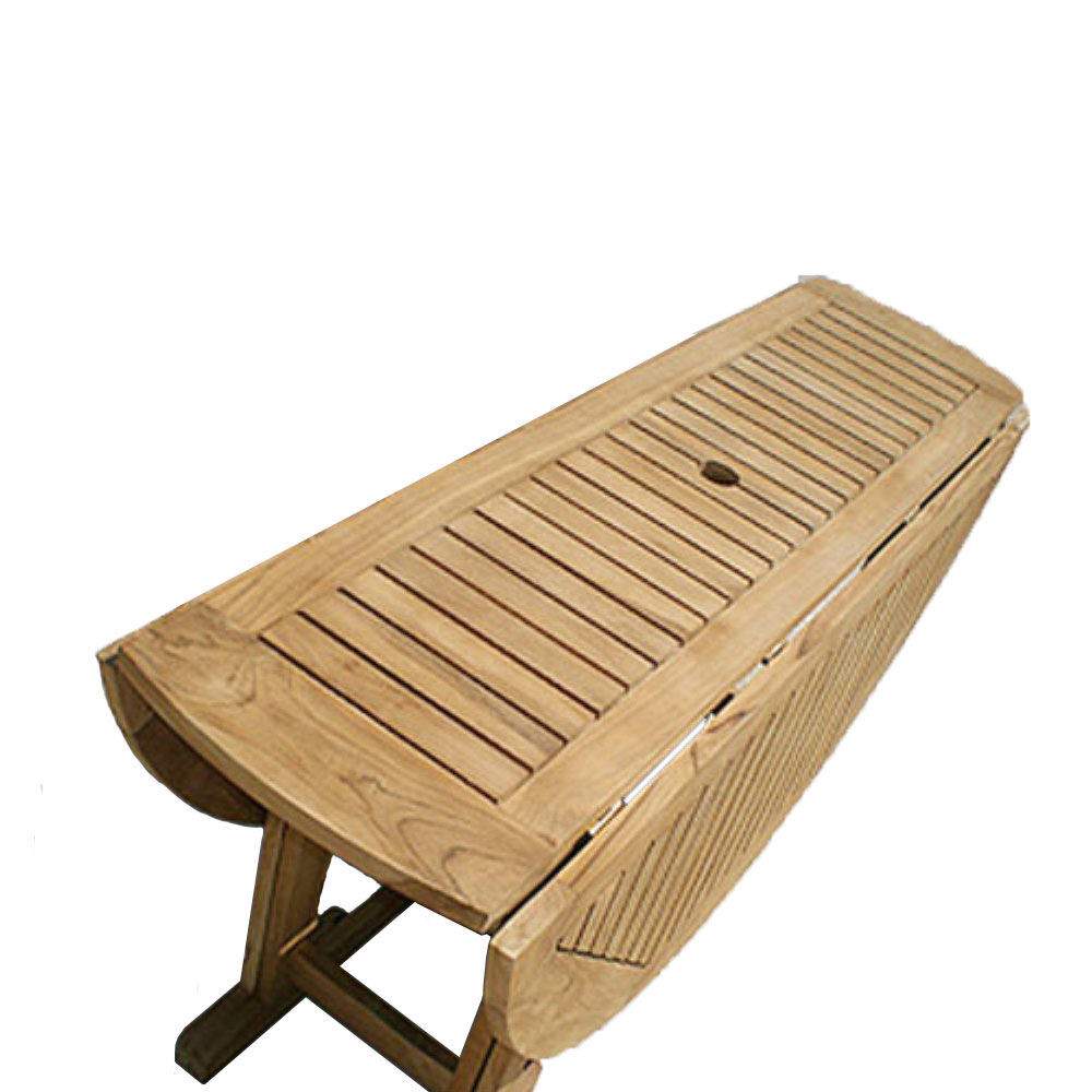 Teak drop-leaf table with slatted top and central seam, rounded ends