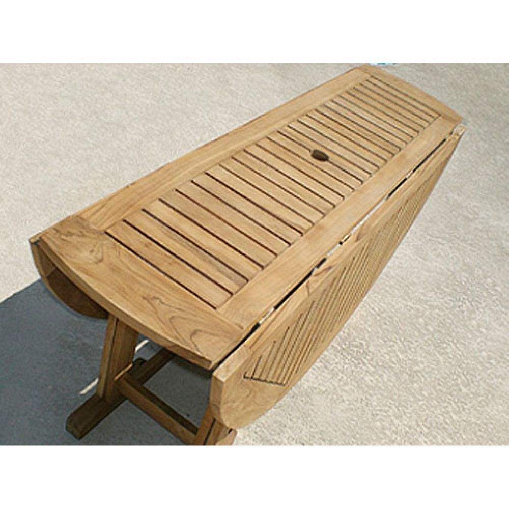 Teak drop-leaf table with slatted top, rounded edge and visible leaf join