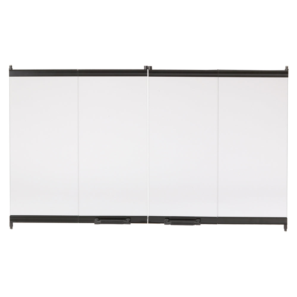 Bi-fold glass doors with black trim and four white panels