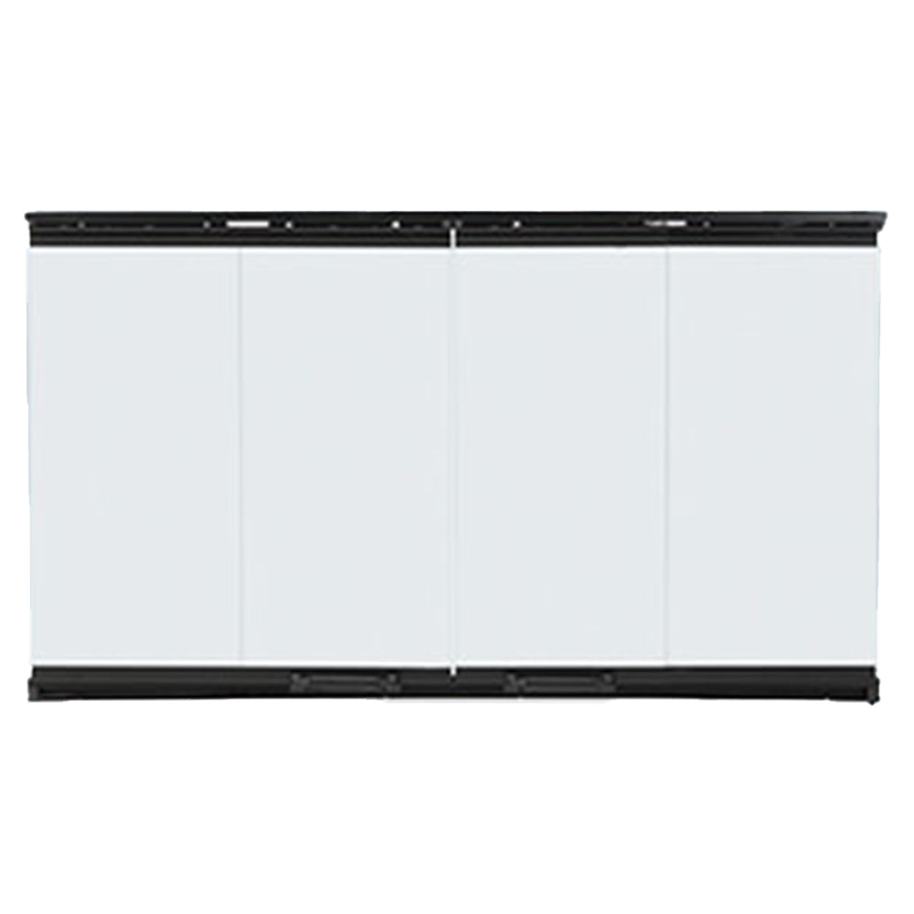 Bi-fold glass doors with black trim and four clear glass panels