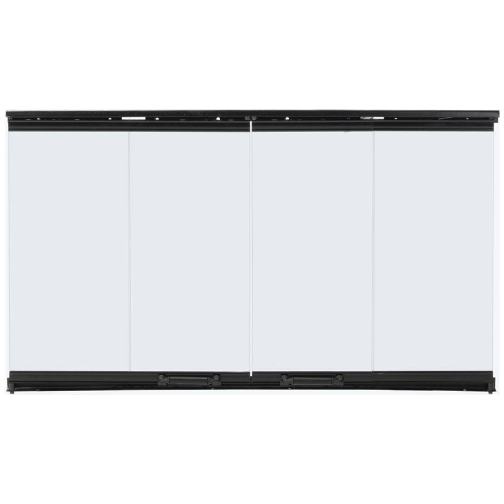 Bi-fold glass doors with black trim, four panel design