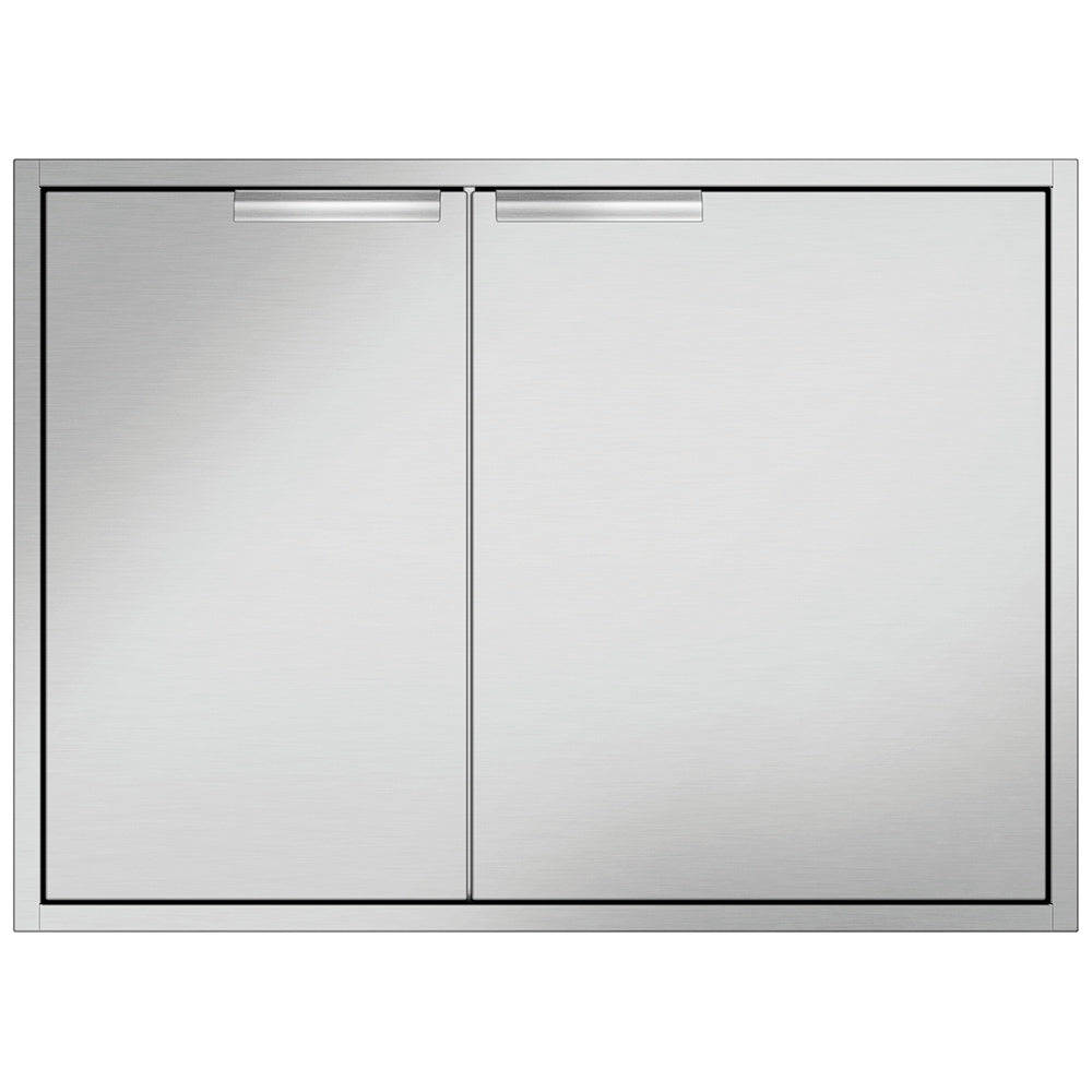 Stainless dry storage pantry with double doors and horizontal pull handles