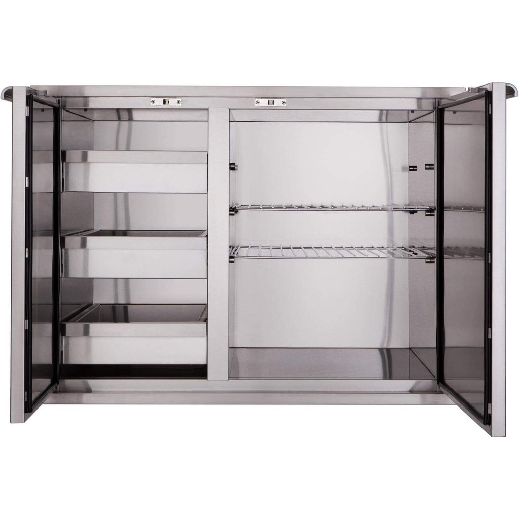 Dry storage pantry cabinet open to reveal adjustable shelves and pull-out racks