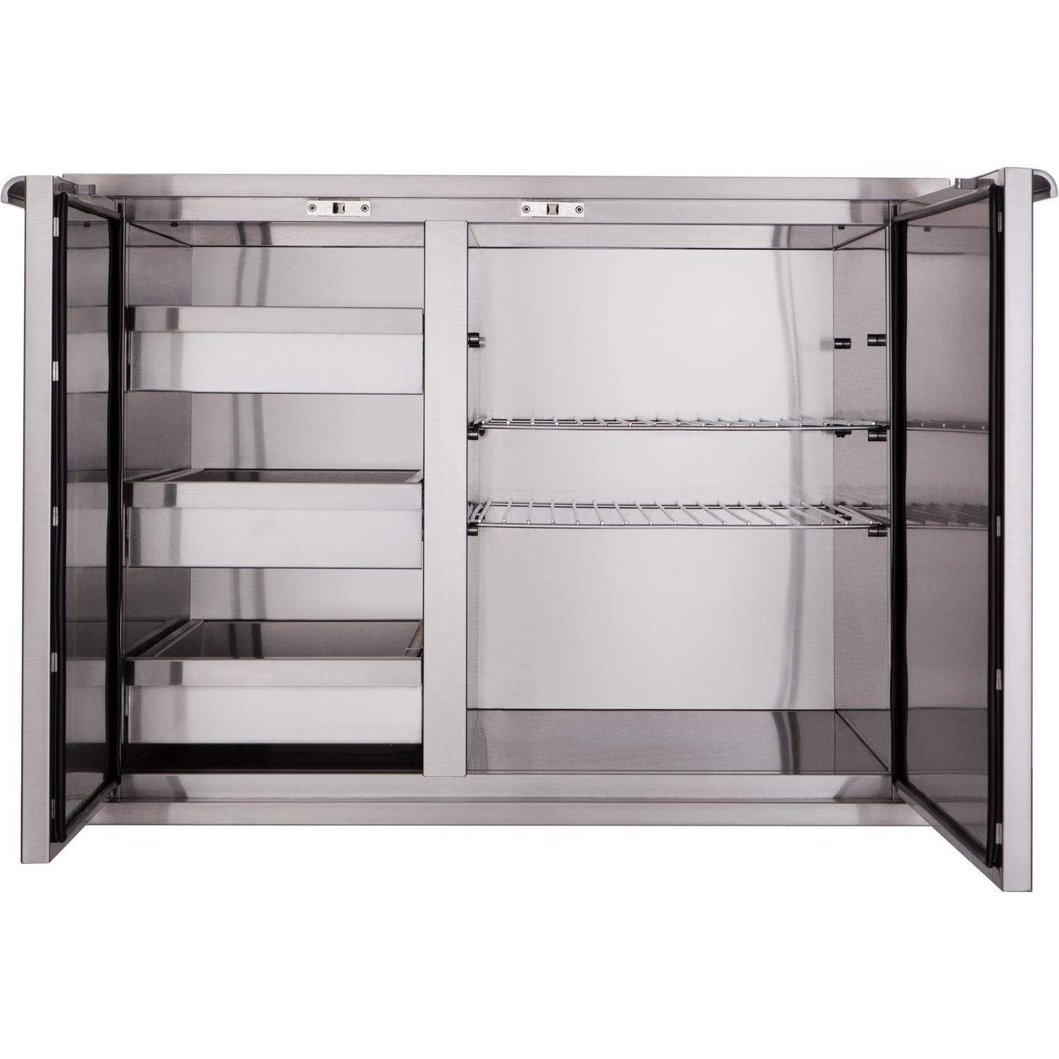 Dry storage pantry cabinet open to reveal adjustable shelves and pull-out racks
