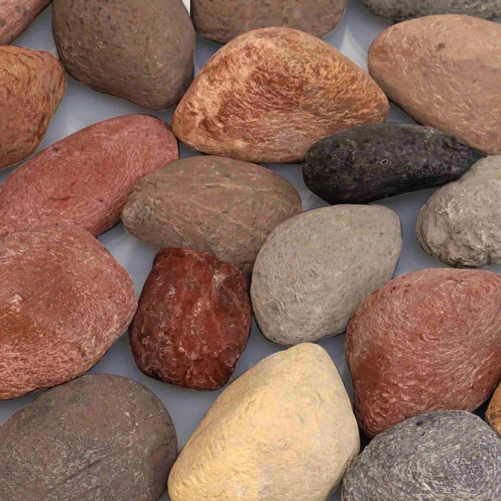 Decorative rock assortment with assorted smooth stones in red, gray, brown and dark tones.