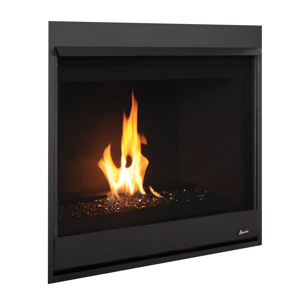 Black 33-inch direct vent gas fireplace with orange flames and crushed glass media.