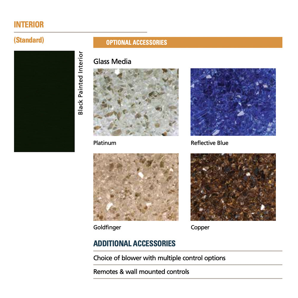 Fireplace interior glass media color chart: Platinum, Reflective Blue, Goldfinger, Copper.