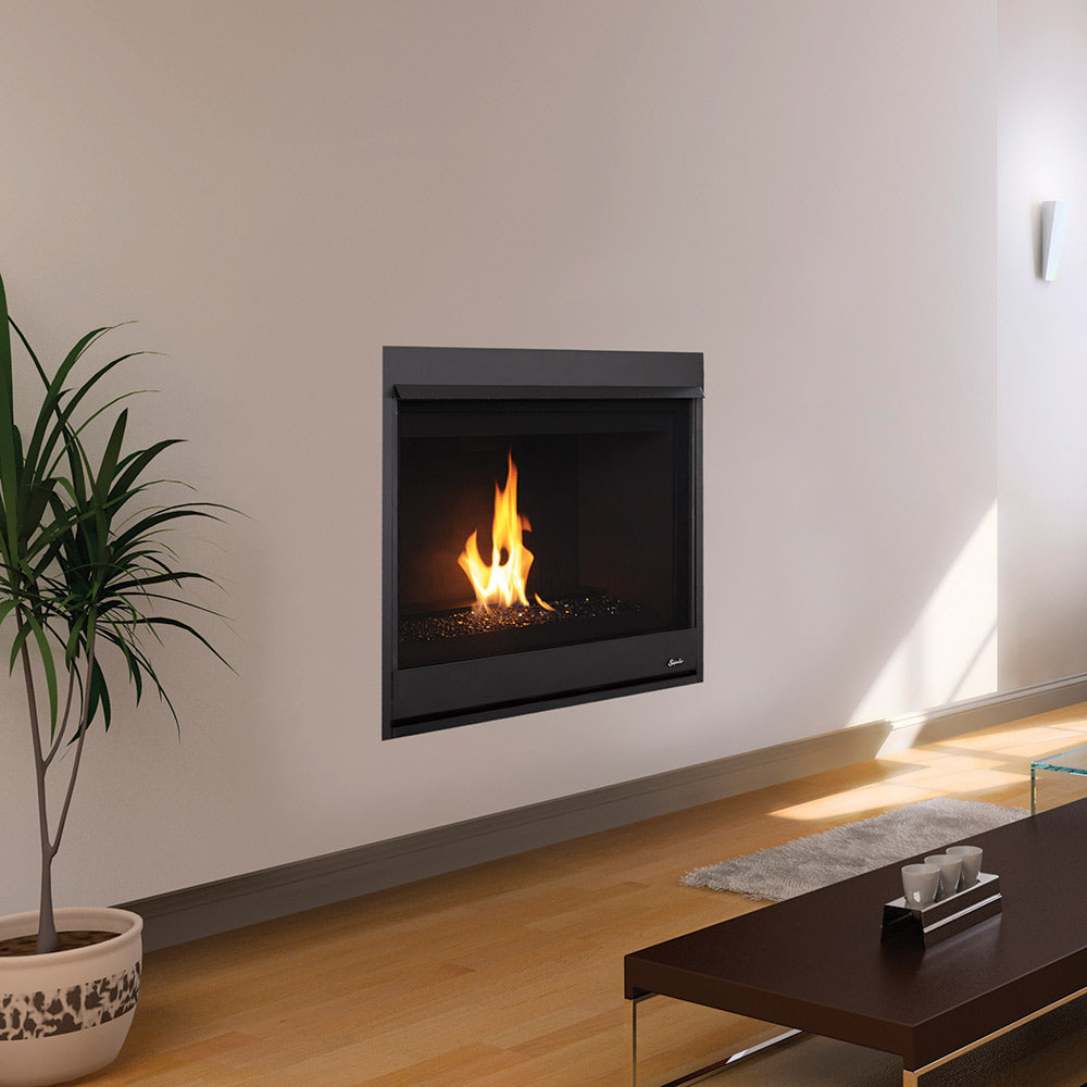 Wall-mounted black gas fireplace with glowing crushed glass and active burner flames.